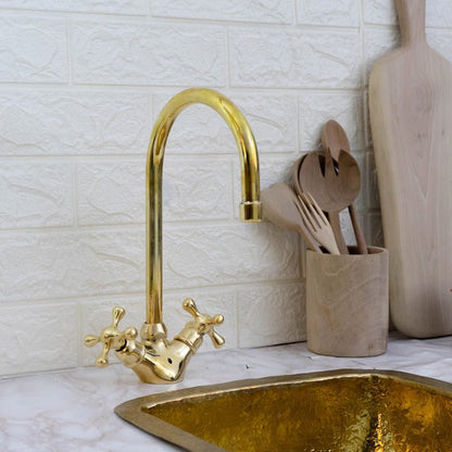 Gooseneck Bathroom Vanity Solid Brass Faucet, Unlacquered Brass with Cross Handles & Aerator