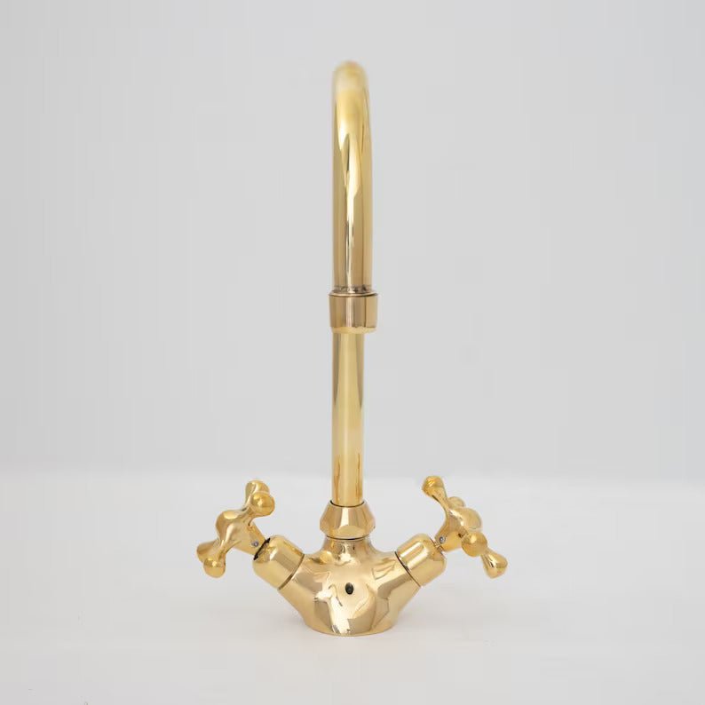 Gooseneck Bathroom Vanity Solid Brass Faucet, Unlacquered Brass with Cross Handles & Aerator