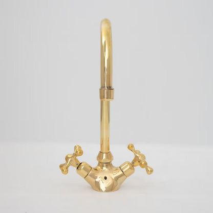 Gooseneck Bathroom Vanity Solid Brass Faucet, Unlacquered Brass with Cross Handles & Aerator
