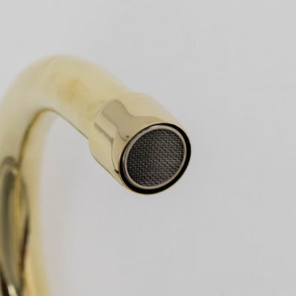 Gooseneck Bathroom Vanity Solid Brass Faucet, Unlacquered Brass with Cross Handles & Aerator