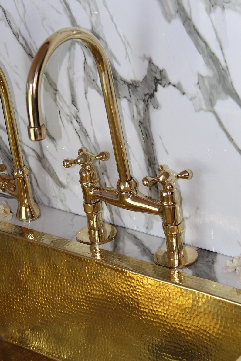Unlacquered Brass Bridge Faucet With Linear Legs and Various Handles style  vintage Kitchen 8" Brass Bridge