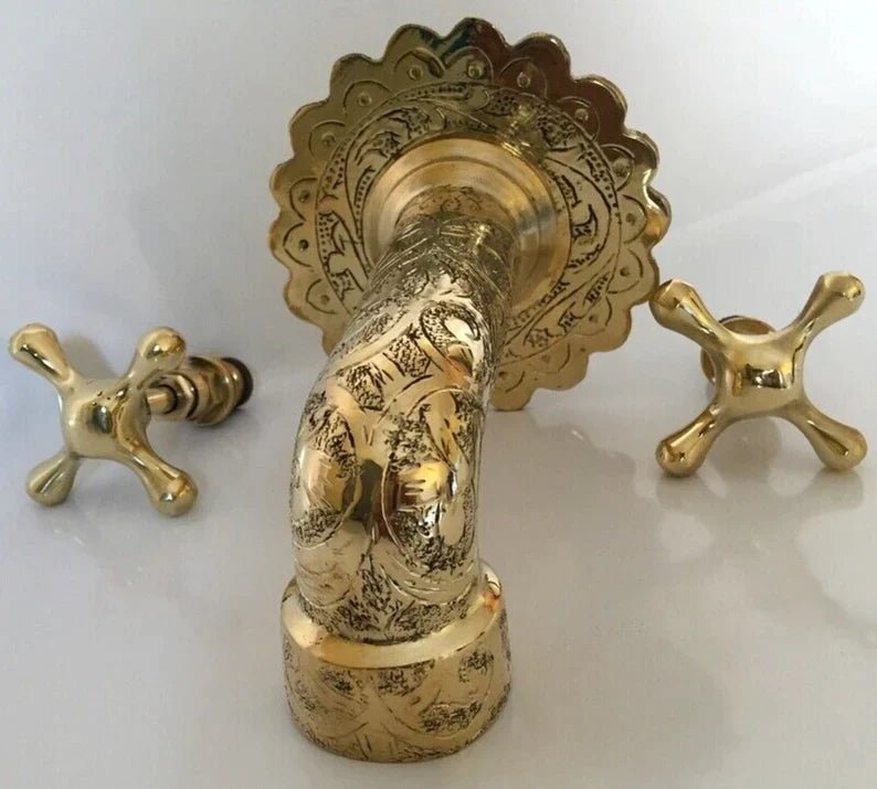 Gold Brass Engraved Faucet, Two Handle Faucet, Handmade Brass Water-Tap, Engraved Moroccan Faucet, Brass Rustic Faucet