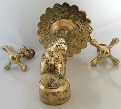 Gold Brass Engraved Faucet, Two Handle Faucet, Handmade Brass Water-Tap, Engraved Moroccan Faucet, Brass Rustic Faucet