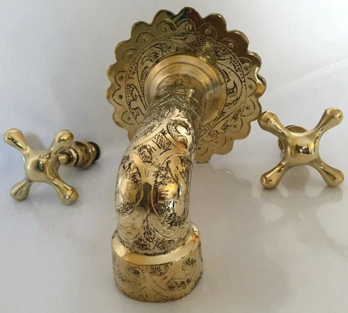 Gold Brass Engraved Faucet, Two Handle Faucet, Handmade Brass Water-Tap, Engraved Moroccan Faucet, Brass Rustic Faucet