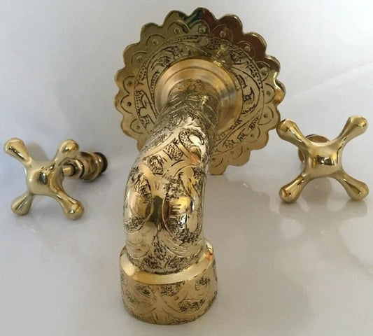 Gold Brass Engraved Faucet, Two Handle Faucet, Handmade Brass Water-Tap, Engraved Moroccan Faucet, Brass Rustic Faucet