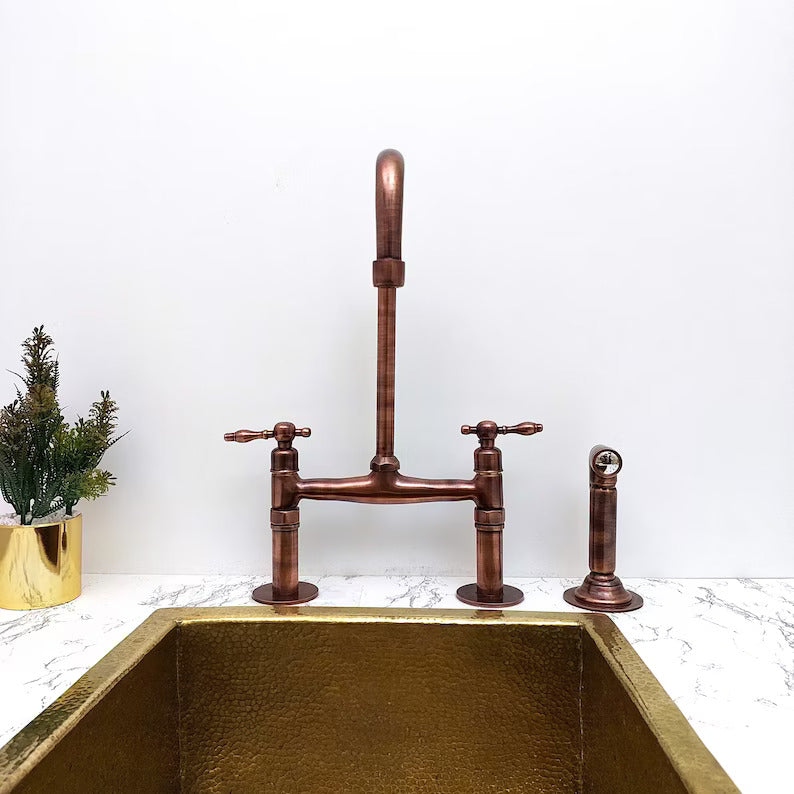Solid Copper Bridge Faucet, Copper Kitchen Faucet, Kitchen Sink Faucet with Dual Lever Handles, and with Water Sprayer