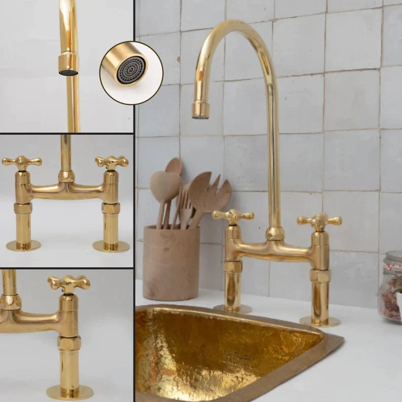 Unlacquered Brass Kitchen Faucet: 6-Inch Widespread Solid Brass Bridge Faucet with Straight Legs