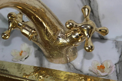Single Hole Unlacquered Brass Bathroom Faucet , Bathroom Sink Vanity Faucet with Simple Cross Handles , Engraved Vintage Moroccan Faucet