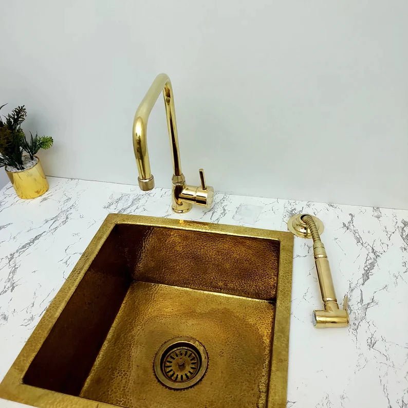 Unlacquered Solid Brass Faucet, Kitchen Sink Bridge Faucet, L Shaped Faucet, with Single Handle and side Sprayer