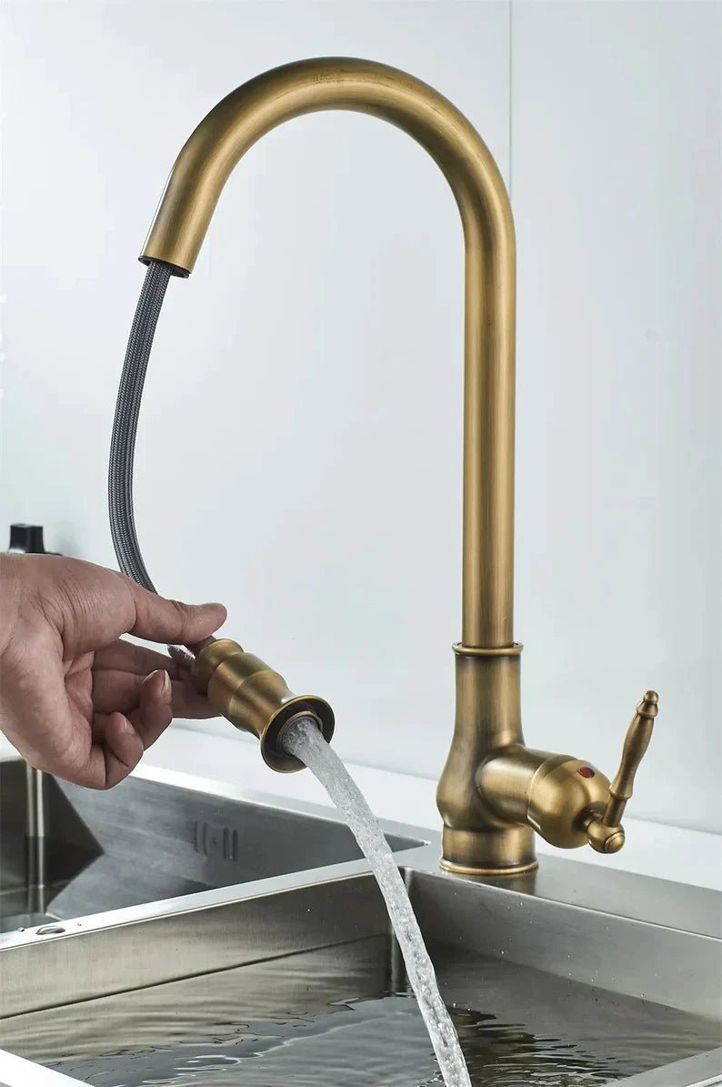 Antique Brass Pull-Out Kitchen Faucet