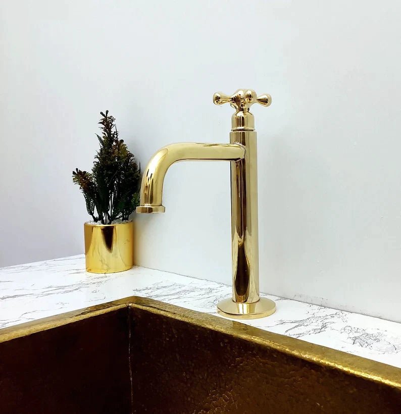 Low Arc, Unlacquered Brass Vanity Faucet, Cross Handle