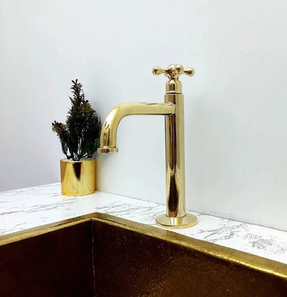 Low Arc, Unlacquered Brass Vanity Faucet, Cross Handle