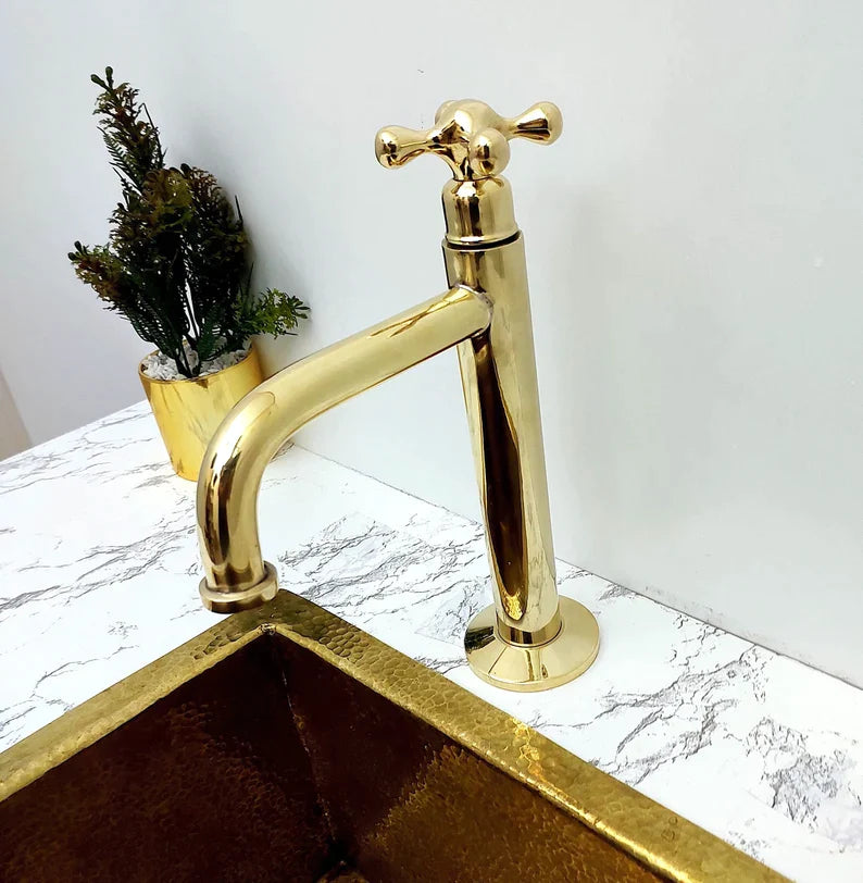 Low Arc, Unlacquered Brass Vanity Faucet, Cross Handle