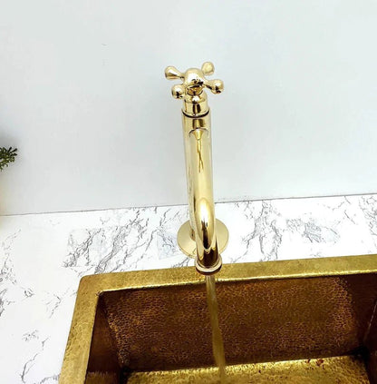 Low Arc, Unlacquered Brass Vanity Faucet, Cross Handle