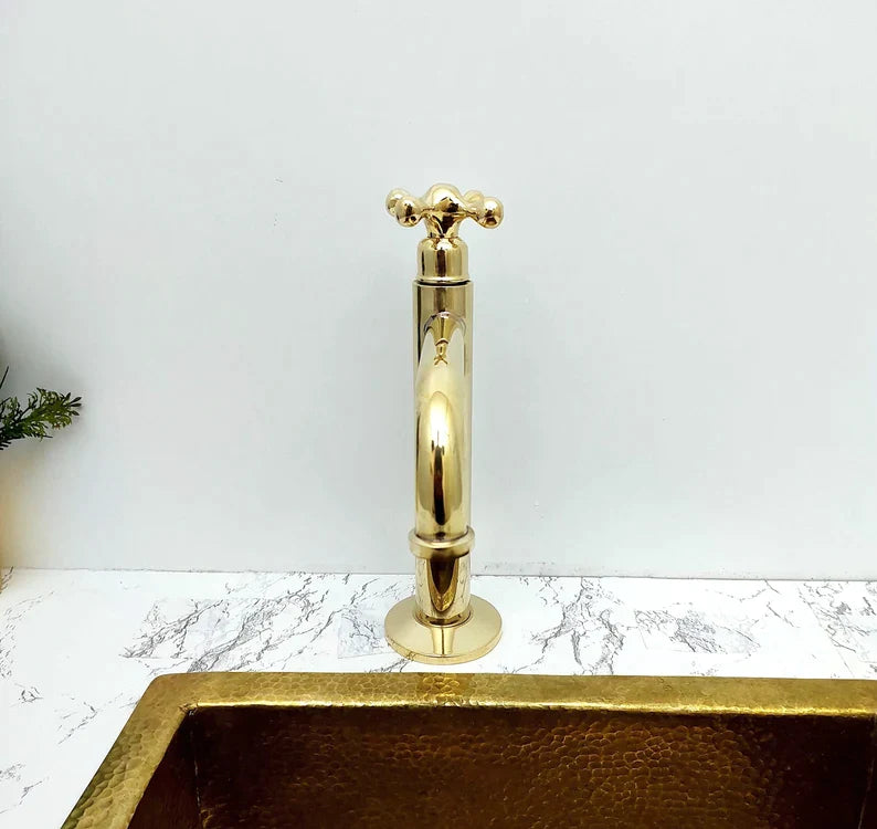 Low Arc, Unlacquered Brass Vanity Faucet, Cross Handle