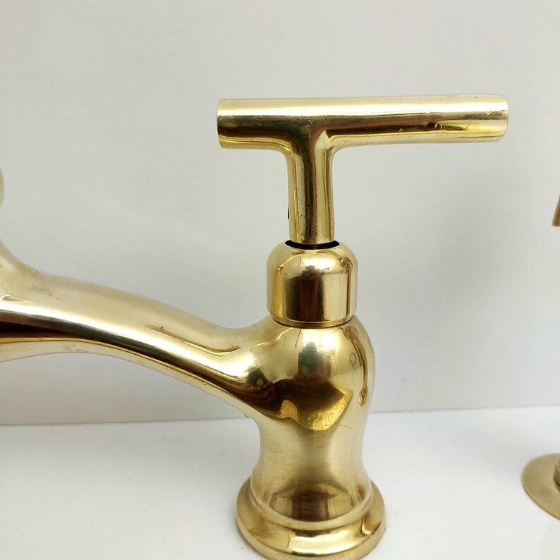 Unlacquered Brass Bridge Kitchen Faucet With Sprayer, Cold Water Tap, and Lever Handles