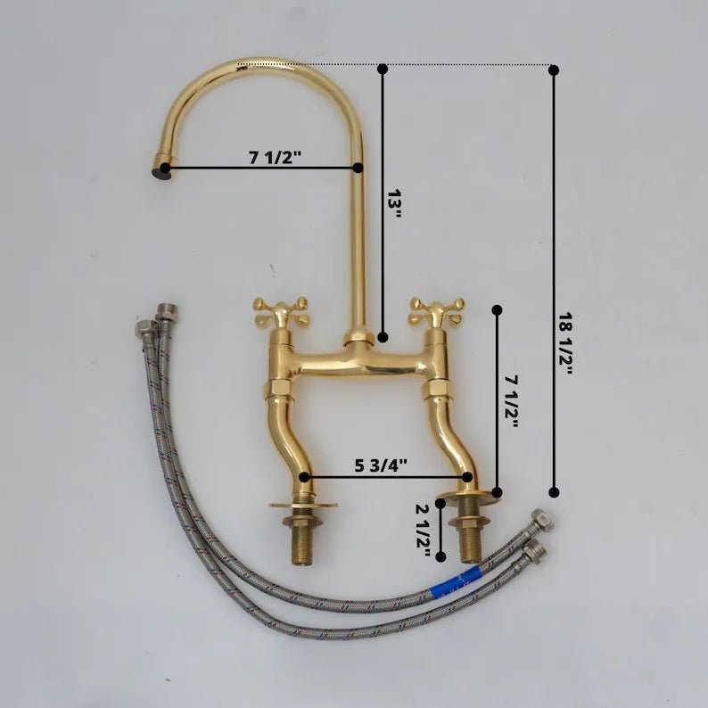 Unlacquered Brass Bridge Kitchen Faucet, Curved Legs, Cross Handles