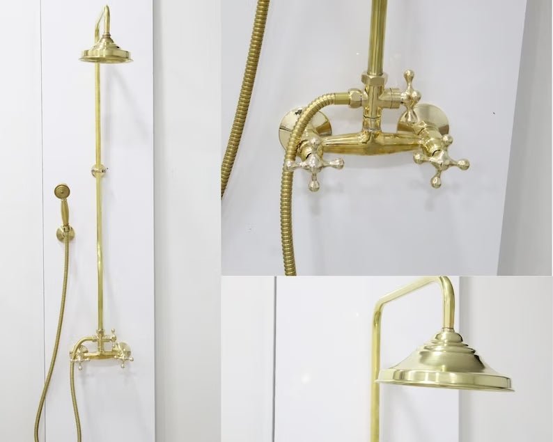 Unlacquered Brass Shower System with Handheld And Vintage Head Combo, Exposed Pipe, hight pressure brass hose