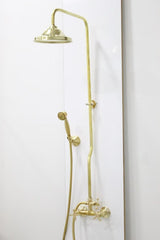 Unlacquered Brass Shower System with Handheld And Vintage Head Combo, Exposed Pipe, hight pressure brass hose