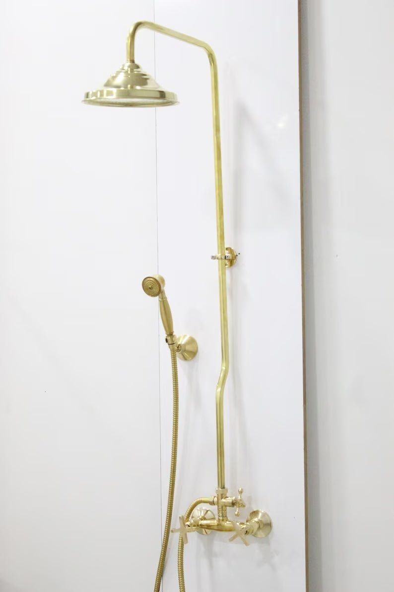 Unlacquered Brass Shower System with Handheld And Vintage Head Combo, Exposed Pipe, hight pressure brass hose