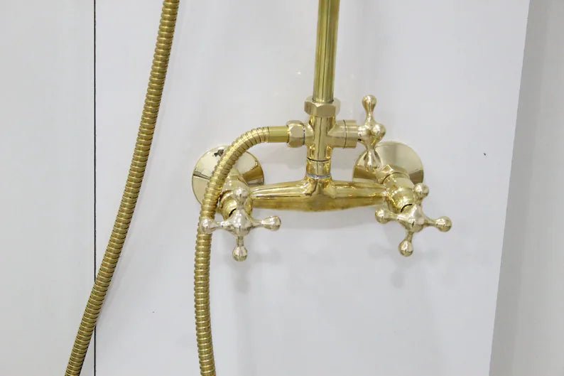 Unlacquered Brass Shower System with Handheld And Vintage Head Combo, Exposed Pipe, hight pressure brass hose