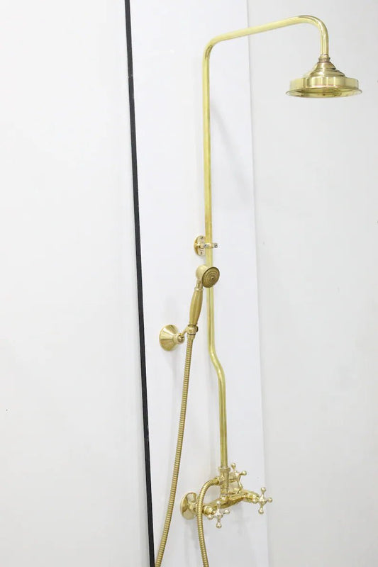 Unlacquered Brass Shower System with Handheld And Vintage Head Combo, Exposed Pipe, hight pressure brass hose