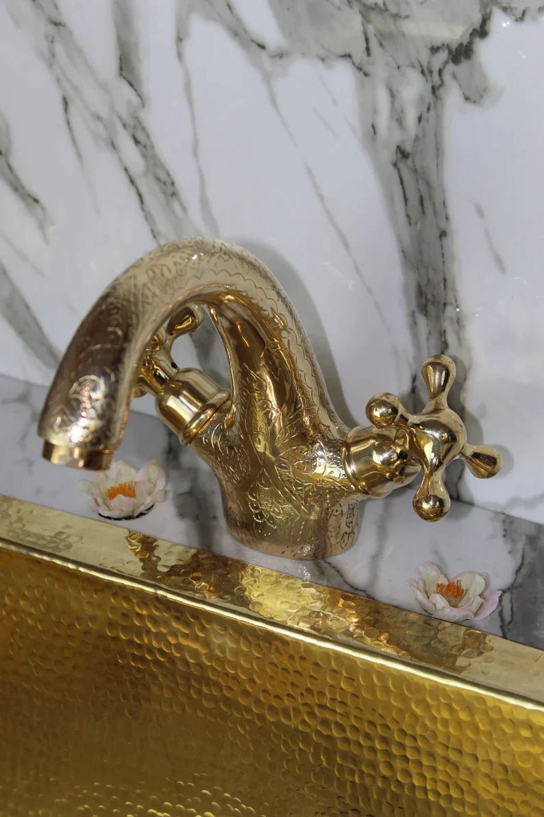 Single Hole Unlacquered Brass Bathroom Faucet , Bathroom Sink Vanity Faucet with Simple Cross Handles , Engraved Vintage Moroccan Faucet