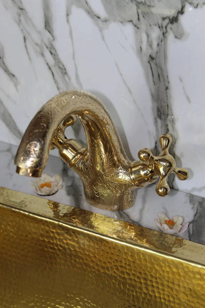 Single Hole Unlacquered Brass Bathroom Faucet , Bathroom Sink Vanity Faucet with Simple Cross Handles , Engraved Vintage Moroccan Faucet