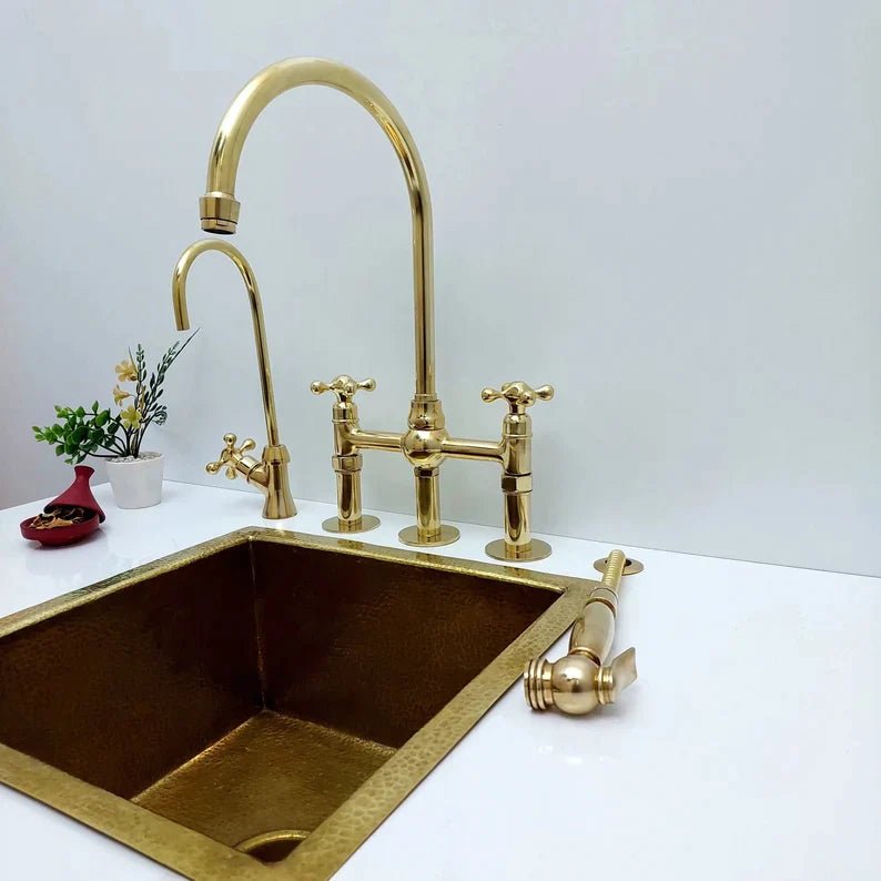 Unlacquered Brass Bridge Kitchen Faucet with Ball Center, 3 straight Legs, Sprayer and Cross Handle - 8” Spread