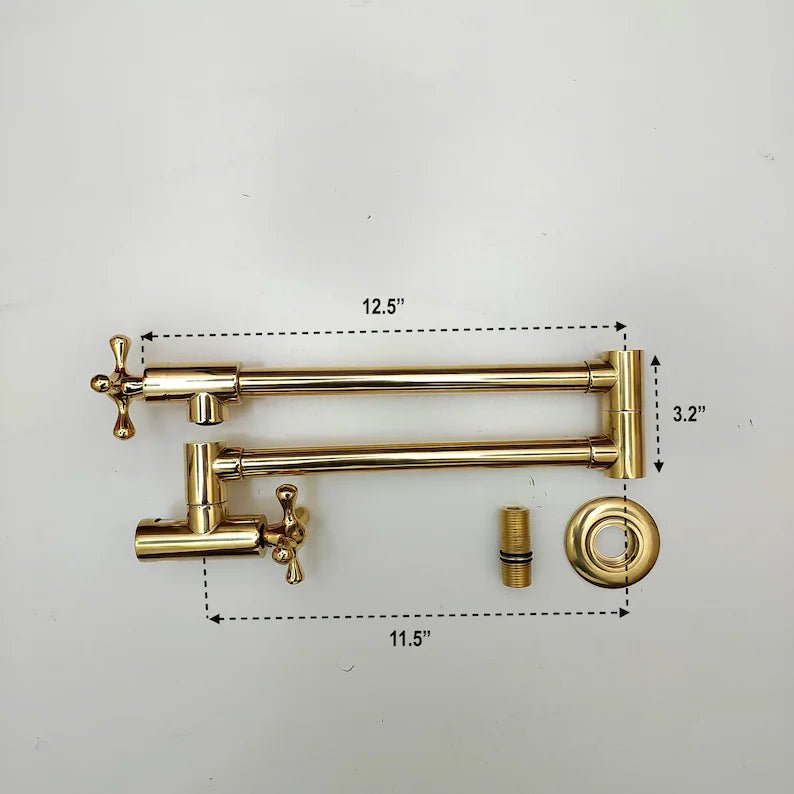 Unlacquered Brass Pot Filler with Cross Handle, Kitchen Pot Filler, Wall Mount Antique Pot Filler, Pasta Faucet, Double Joint Swing Arms