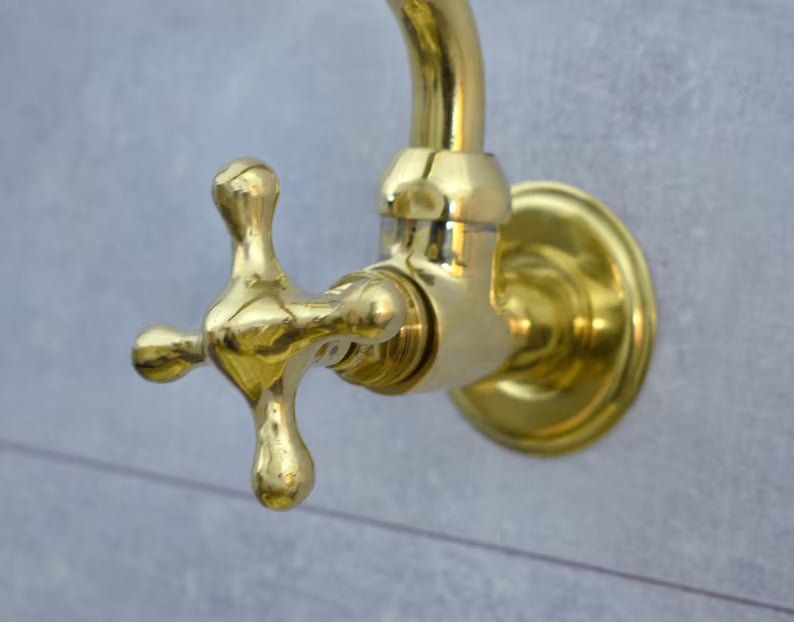 Solid Brass Single handle Kitchen Faucet, Unlacquered Brass Cold Faucet with Cross Handle