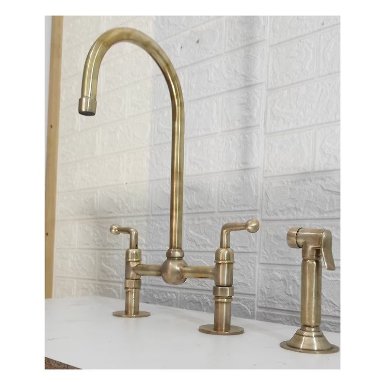 Unlacquered Brass Bridge Faucet 8'' Ball Center with Straight Legs, Three holes Faucet - kitchen Faucets