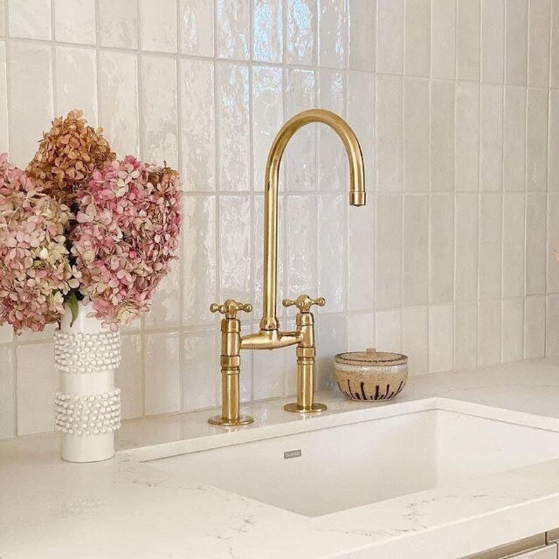 Unlacquered Brass Bridge Faucet With Linear Legs and Various Handles style  vintage Kitchen 8" Brass Bridge