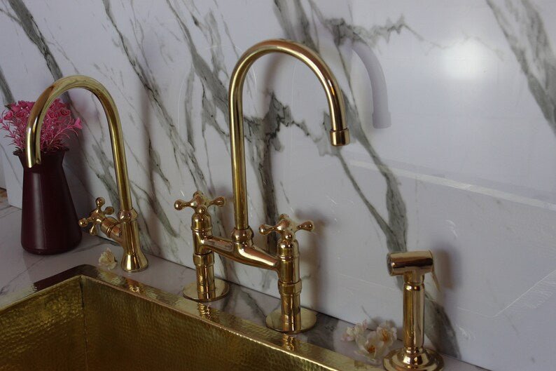 Unlacquered Brass Bridge Faucet With Linear Legs and Various Handles style  vintage Kitchen 8" Brass Bridge
