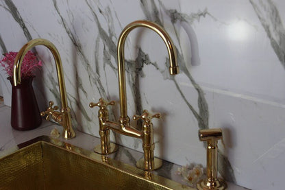 Unlacquered Brass Bridge Faucet With Linear Legs and Various Handles style  vintage Kitchen 8" Brass Bridge