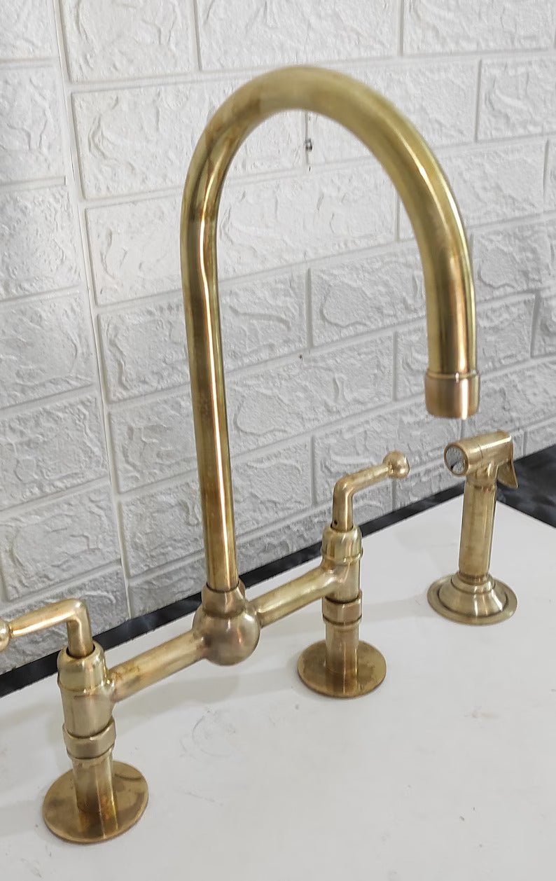 Unlacquered Brass Bridge Faucet 8'' Ball Center with Straight Legs, Three holes Faucet - kitchen Faucets