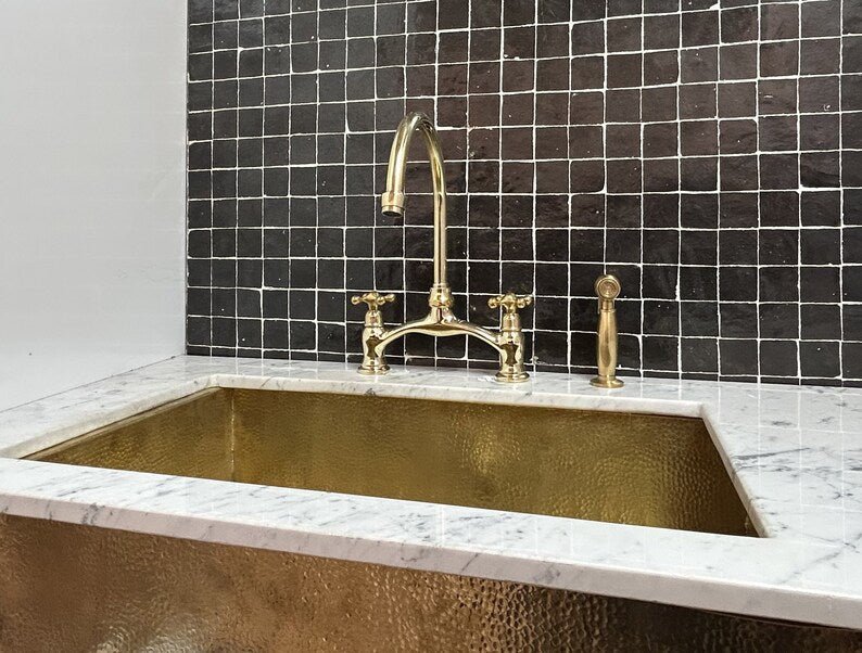 Unlacquered Brass Bridge Faucet with Sprayer and Cold Faucet, Kitchen Spout, Brass Kitchen Faucet, Sink Faucet, Curved Bridge Faucet Brass