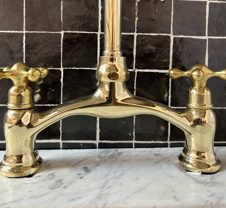 Unlacquered Brass Bridge Faucet with Sprayer and Cold Faucet, Kitchen Spout, Brass Kitchen Faucet, Sink Faucet, Curved Bridge Faucet Brass