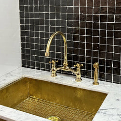 Unlacquered Brass Bridge Faucet with Sprayer and Cold Faucet, Kitchen Spout, Brass Kitchen Faucet, Sink Faucet, Curved Bridge Faucet Brass