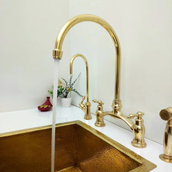 Unlacquered Brass Bridge Kitchen Faucet With Sprayer, Cold Water Tap, and Lever Handles