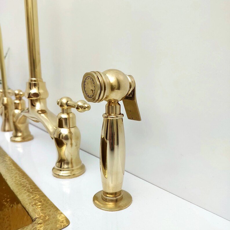 Unlacquered Brass Bridge Kitchen Faucet With Sprayer, Cold Water Tap, and Lever Handles