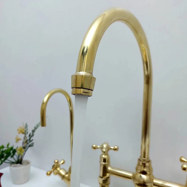 Unlacquered Brass Bridge Kitchen Faucet with Ball Center, 3 straight Legs, Sprayer and Cross Handle - 8” Spread