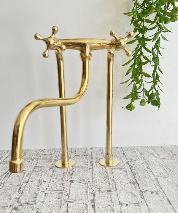 Unlacquered Brass Faucet Kitchen, Handcrafted Bridge Faucet with Straight legs & Various Handles Style - Kitchen Faucets