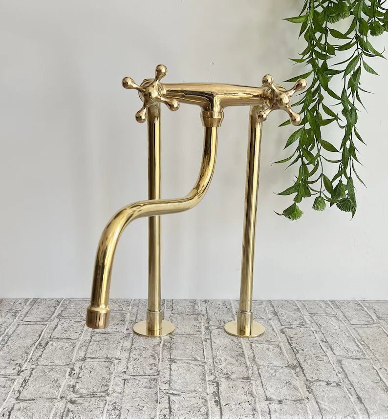 Unlacquered Brass Faucet Kitchen, Handcrafted Bridge Faucet with Straight legs & Various Handles Style - Kitchen Faucets