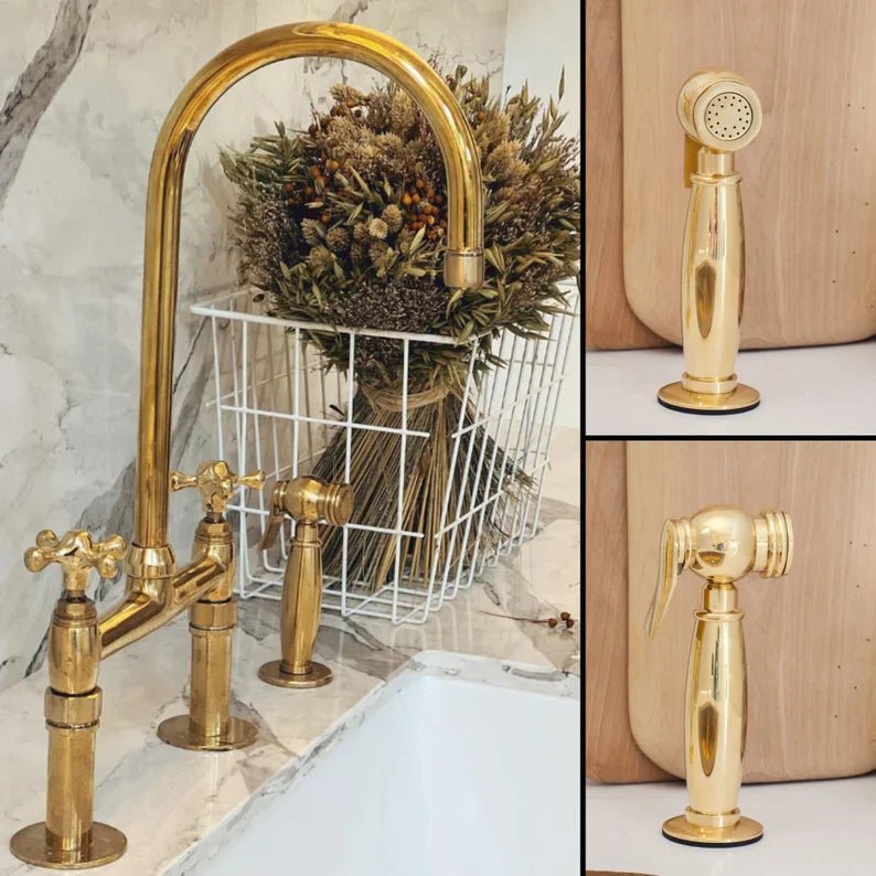 Unlacquered Brass Kitchen Faucet: 6-Inch Widespread Solid Brass Bridge Faucet with Straight Legs