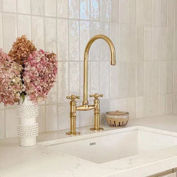 Unlacquered Brass Kitchen Faucet: 6-Inch Widespread Solid Brass Bridge Faucet with Straight Legs