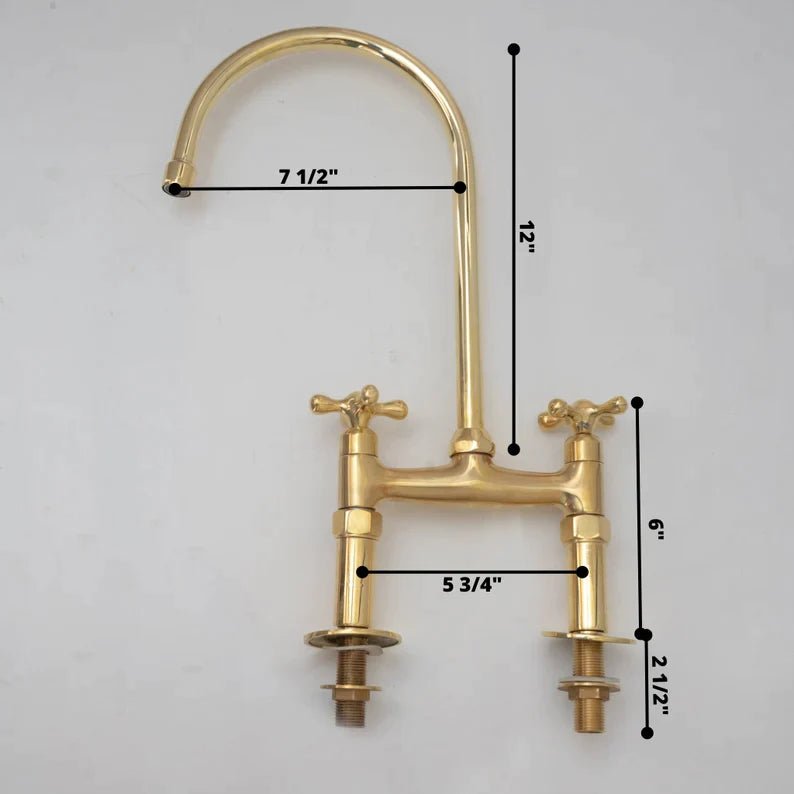 Unlacquered Brass Kitchen Faucet: 6-Inch Widespread Solid Brass Bridge Faucet with Straight Legs