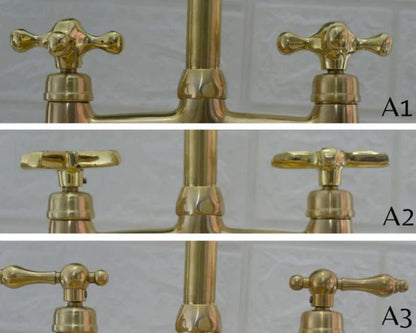 Unlacquered Brass Kitchen Faucet: 6-Inch Widespread Solid Brass Bridge Faucet with Straight Legs