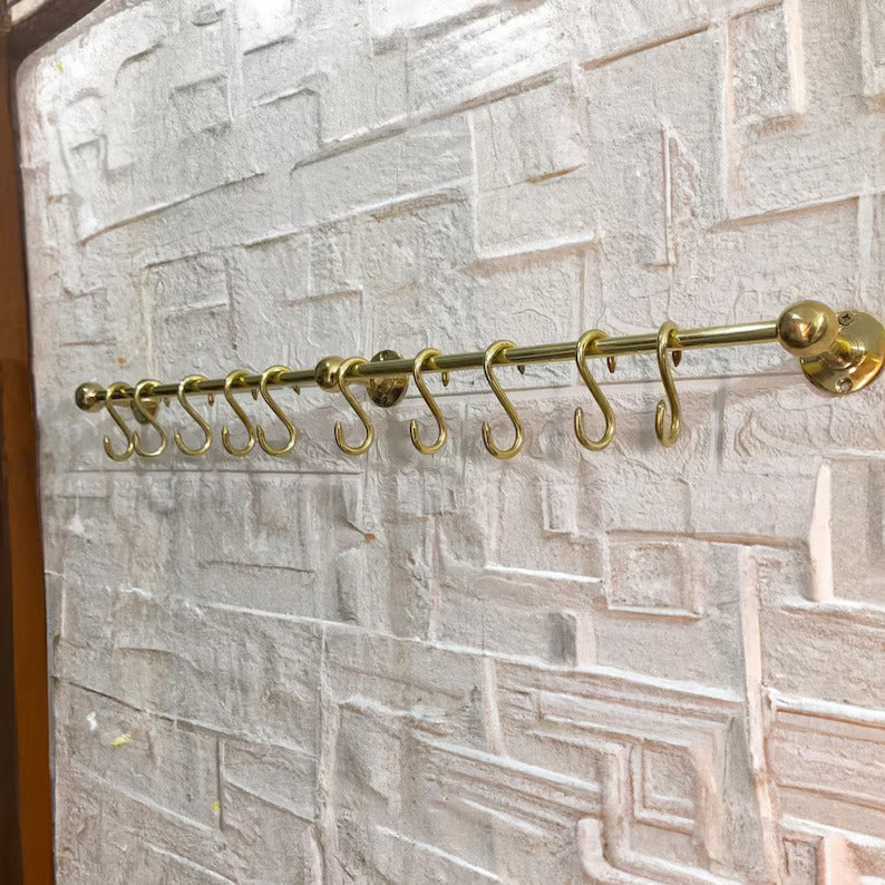 Gold Brass Pot Rack Rustic Wall Mounted, Unlacquered Brass Pot Rack, Brass Hanging Rack - Brass Pot and Pan Storage