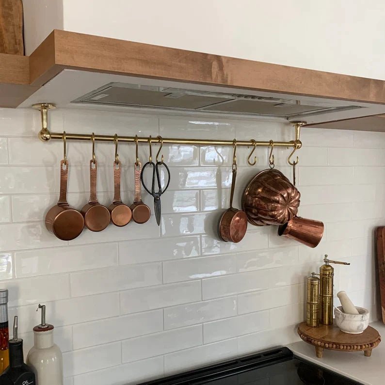 Unlacquered Brass Pot Rail with Hooks